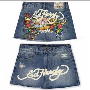 Ed Hardy Embroidered Blue Jean Shorts